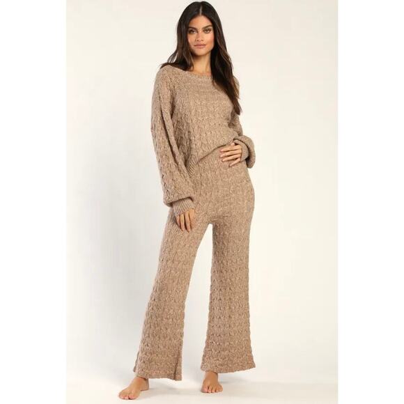 Lulus Twice the Cozy Beige Cable Knit Wide-Leg Lounge Pants Boho Hippie Large - Picture 2 of 6
